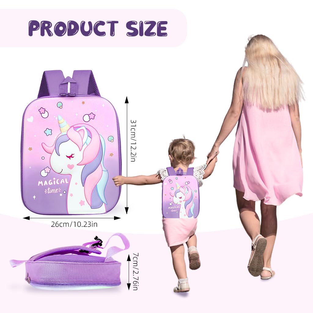 PALAY Kindergarten Backpack for Girls with 26x32 cm Size and Padded Straps | Purple Waterproof Unicorn Design