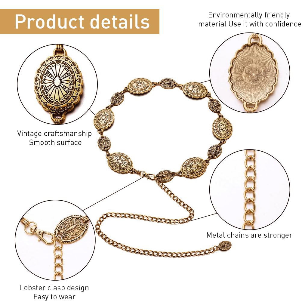 PALAY Waist Belt for Women featuring Golden Metal Concho Disks and Adjustable Fit | Boho Fashion Accessory for Sarees Dresses and Jeans