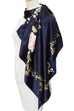 PALAY Square Scarf for Women with 35 x 35 in Size and Satin Silk Like Fabric in Navy Blue