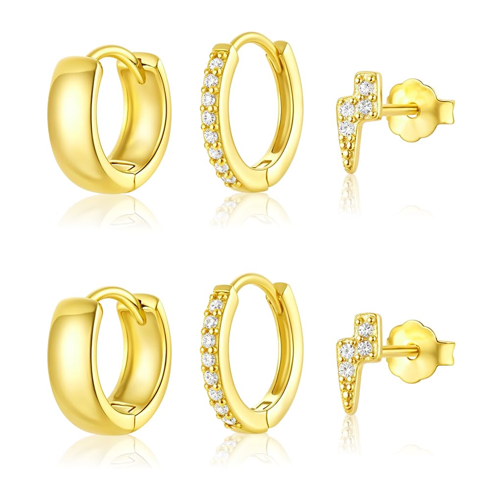 PALAY® Juego de aretes de aro dorados para mujer, pequeños aretes chapados en oro de 14 quilates para múltiples perforaciones, aretes hipoalergénicos de oro grueso para mujer.