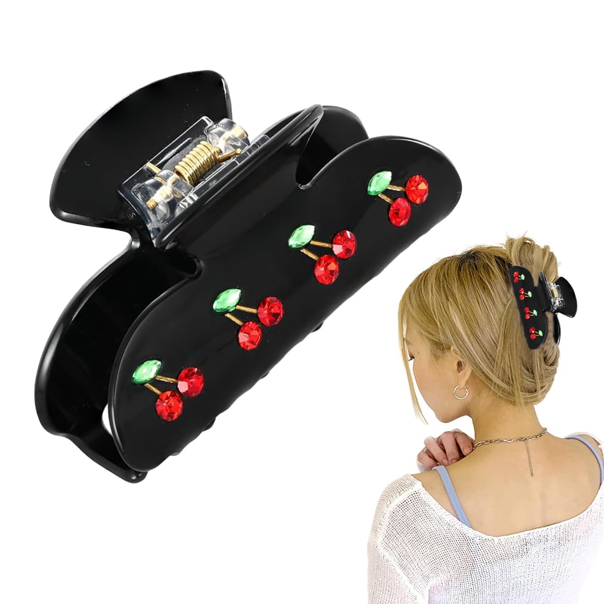 PALAY Hair Claw Clips for Women featuring Cherry Rhinestone Charms and Black Acrylic Style