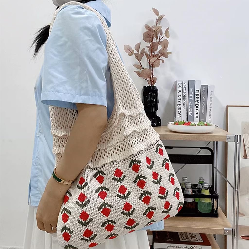 PALAY Knitting Tote Bag for Everyday Use with Patchwork Handle and Fringe | Beige 27.9 x 37.8 x 2 cm