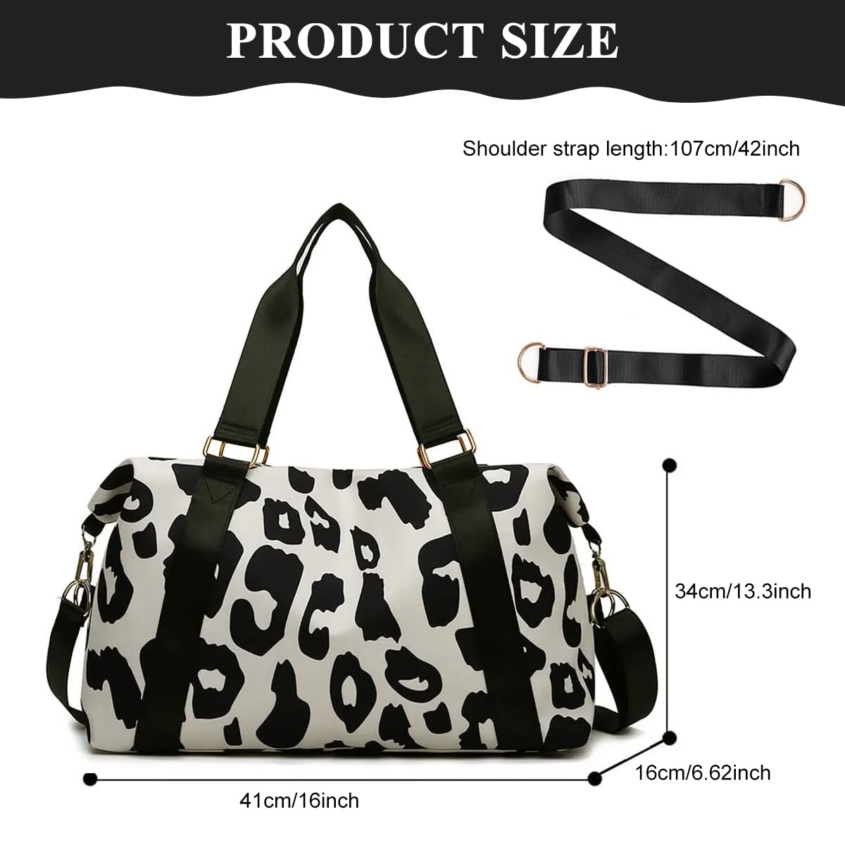 PALAY Travel Bag for Weekend and Gym Use with Detachable Strap and Waterproof Oxford Cloth | 46x28x17cm Cow Print Duffel