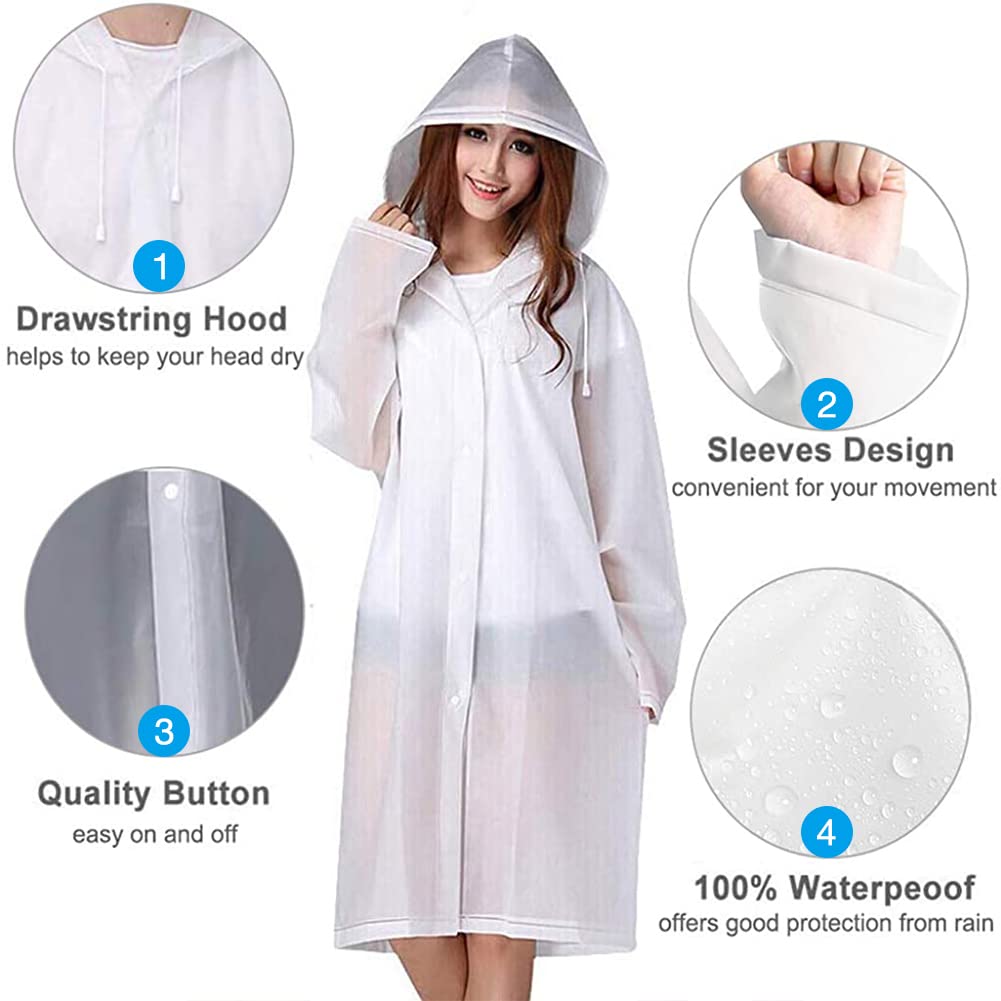 PALAY® 2Pcs Rain Ponchos for Adults Reusable, EVARaincoats with Hood for Women and Men Rain Ponchos for Camping, Hiking, Music Festival, Outdoor Activities (white)