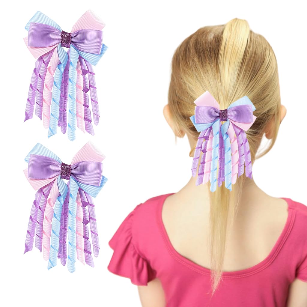 PALAY Ribbon Bow Hair Clips for Girls featuring Curly 3 in Design and Purple Ribbon | 2pcs Set