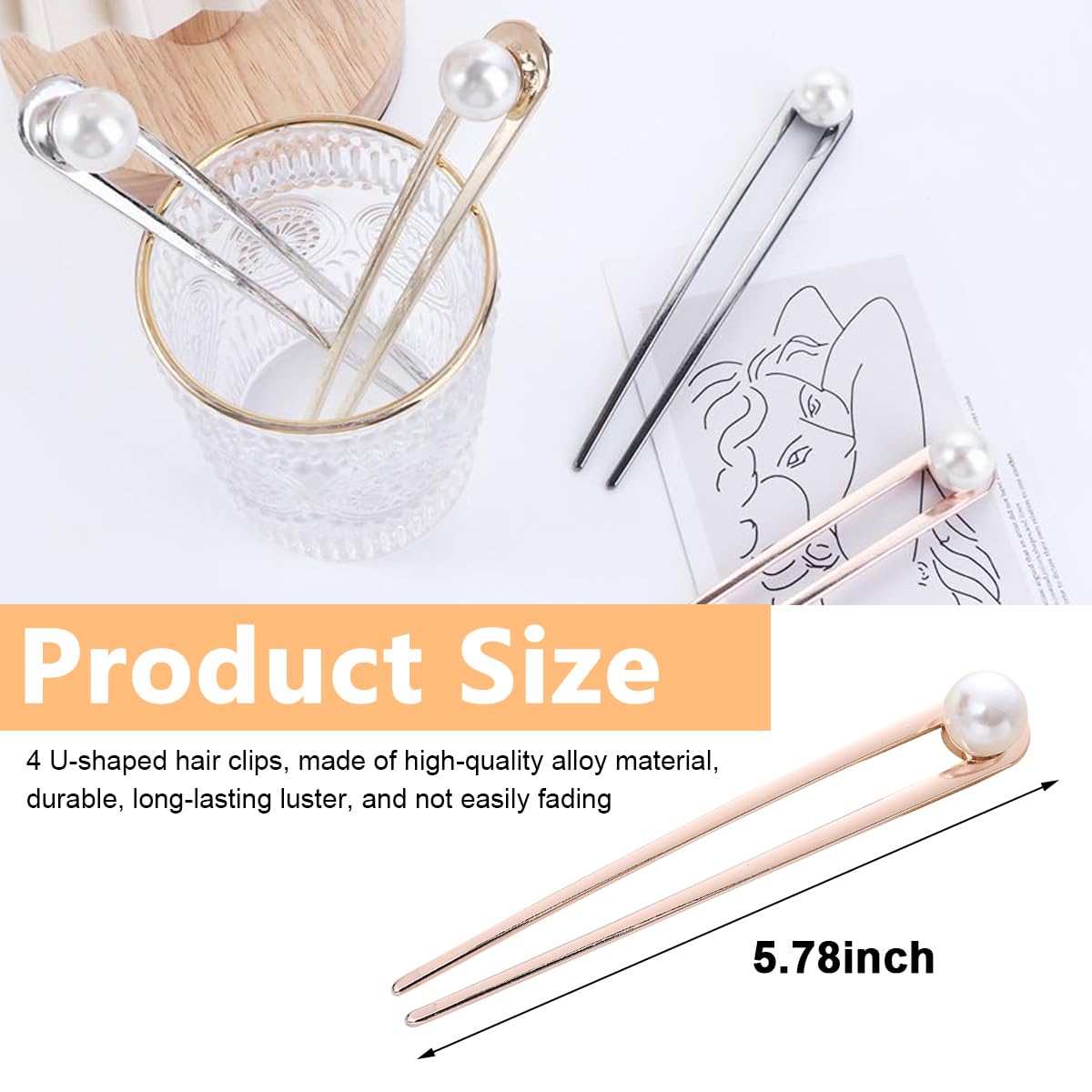 PALAY® 4pcs Large Pearl Hair Stick for Buns, Metal Juda Pin U Pin for Hair, 5.8in Long Hair Pins for Women Stylish Chignon Hair Bun Stick Hair Bun Accessories Girls Gift