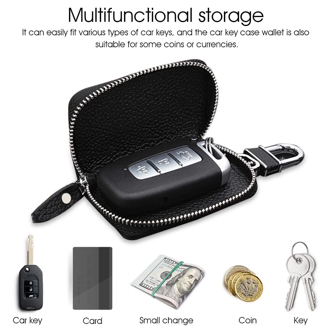 PALAY Car Key Case for Smart Key Fob with O Ring Chain 8 x 5 x 3 cm Genuine Leather Black