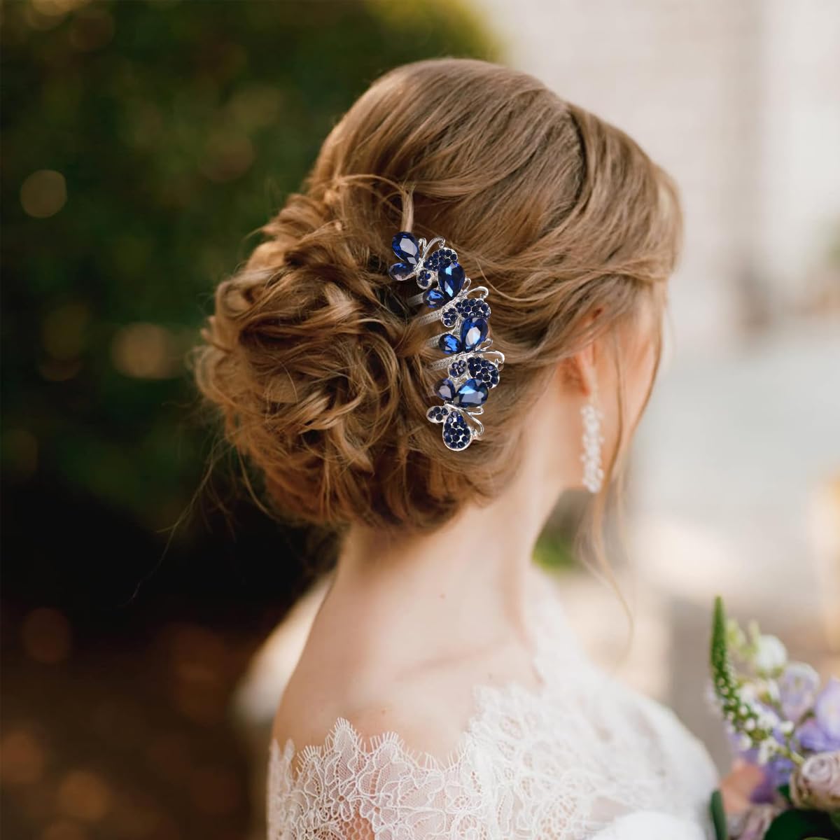 PALAY Hair Comb Clip for Bridal and Party Hairstyles with Butterfly Rhinestones Blue 2 PCS