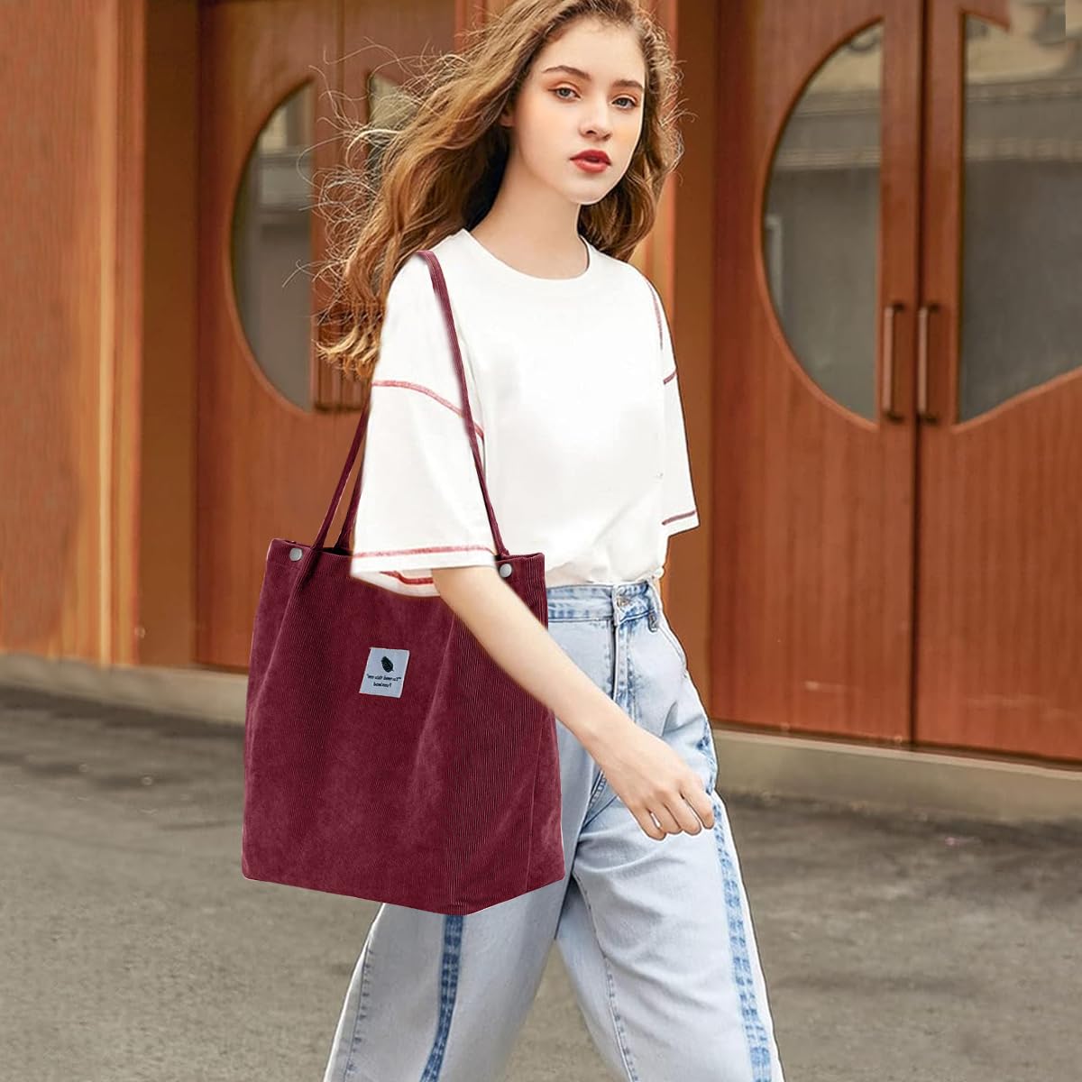 PALAY Tote Bag for Women featuring Reinforced Handles and Corduroy Fabric in Burgundy | 2PCS Set