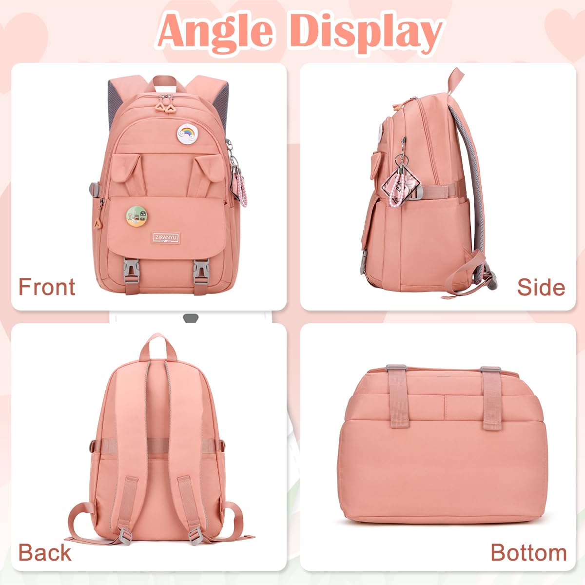 PALAY School Backpack for Girls featuring Bunny Ears and 32x20x43cm Multi Compartment Design | Pink Nylon Laptop Bag for Travel