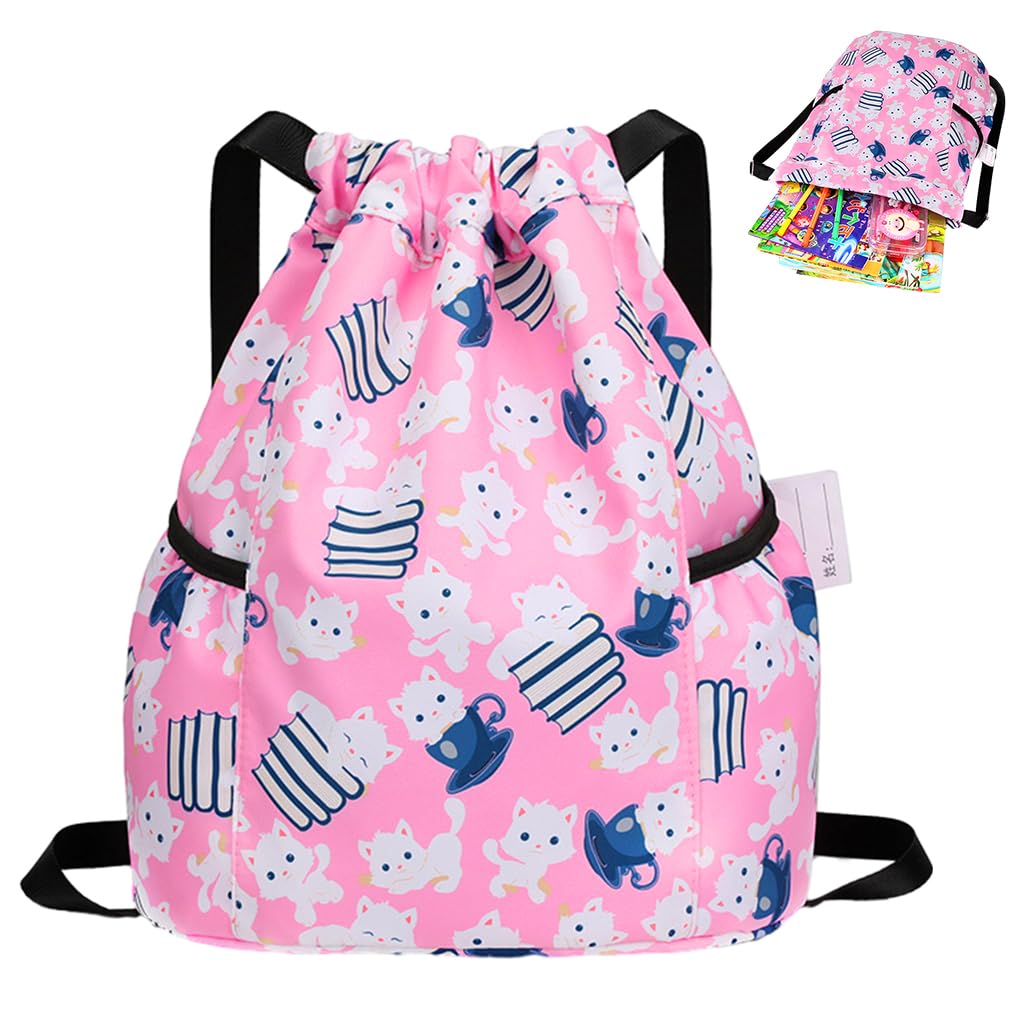 PALAY Drawstring Backpack for Kids with Adjustable Shoulder Strap and Pink Cartoon Print | 28x36cm Waterproof Nylon Bag
