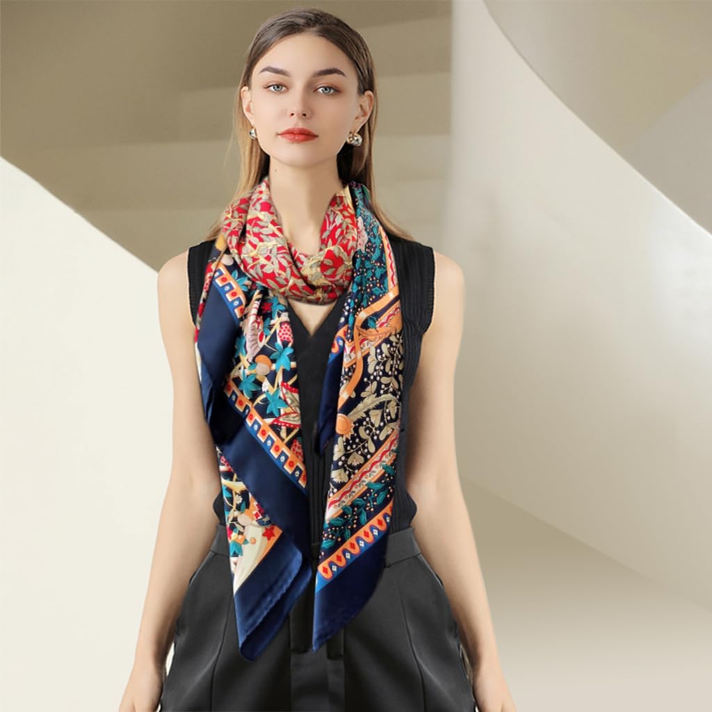PALAY® Satin Scarf for Women Square Silk Feeling Head Scarf Shawl Waps Comfy Polyester Hair Wrapping Scarves for Women Girls - 43.5×43.5 In (Tree of Life Prints)