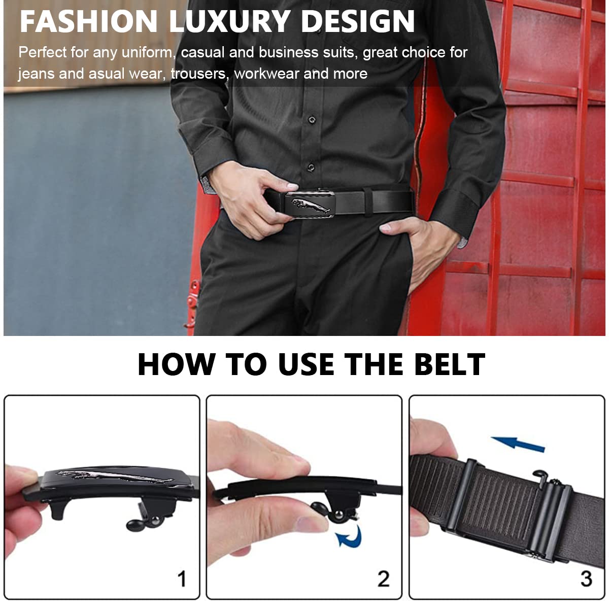 PALAY Leather Belt for Men 130cm with Automatic Slide Lock Buckle | Black PU for Casual and Formal