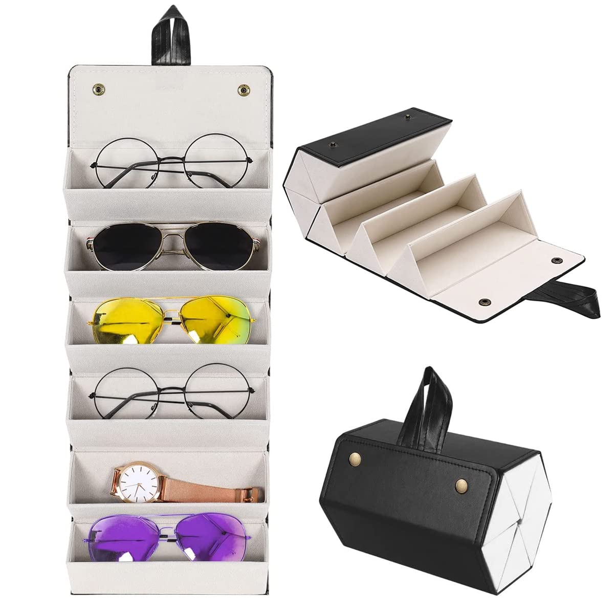 PALAY® 6 Slot Portable Folding Sunglasses Organizer Box Men Women Eyewear Sunglass Holder Wall Hanging Glasses Holder Rack Sunglass Case Multiple Sunglasses Spectacle Case(Black)