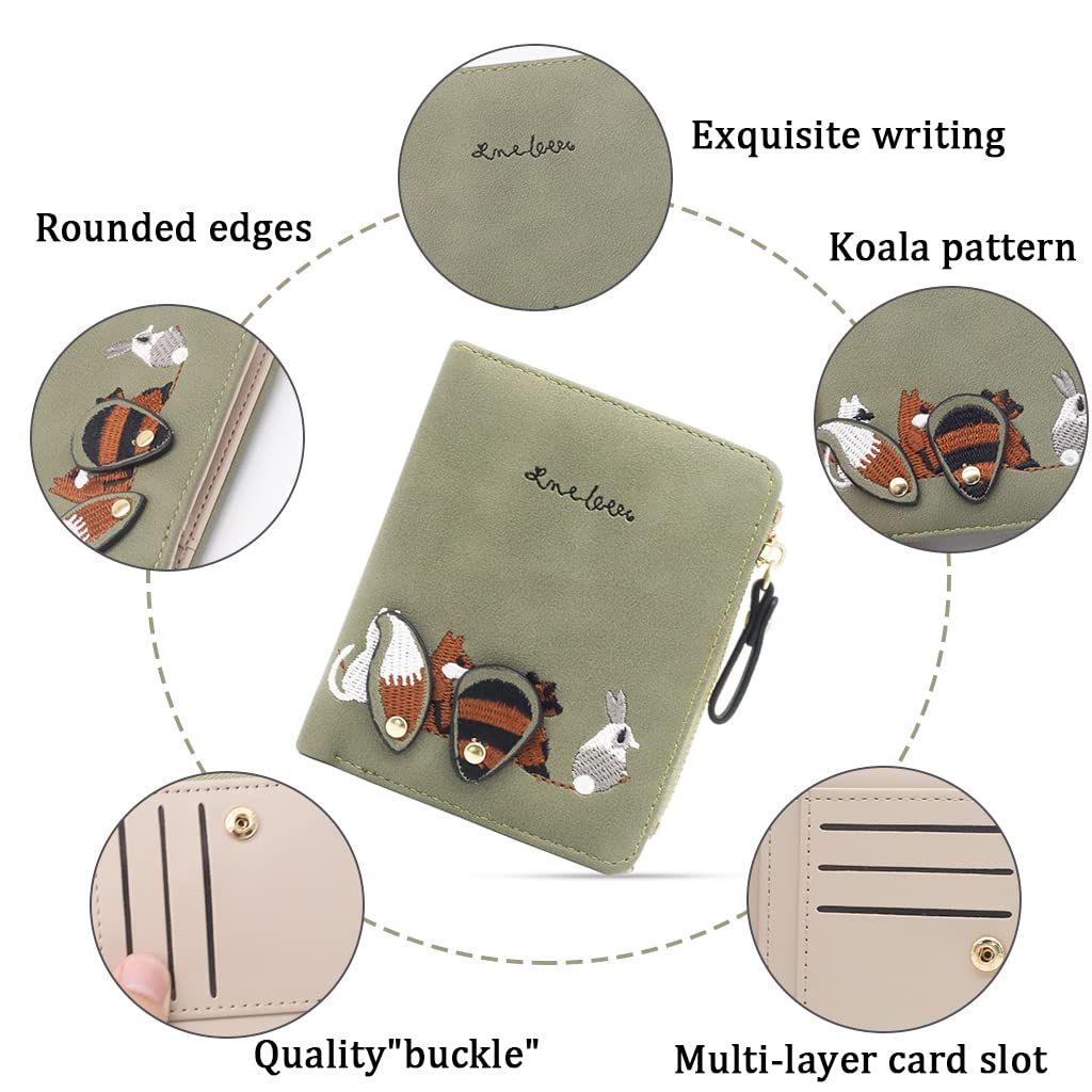 PALAY® 2Pcs Small Wallet for Women Stylish PU Leather Embroidery Cute Fox Print Wallets Bi-Fold Mini Card Holder Coin Purse Ladies Wallet with Zipper Birthday Gift Items for Women, Girls - Green