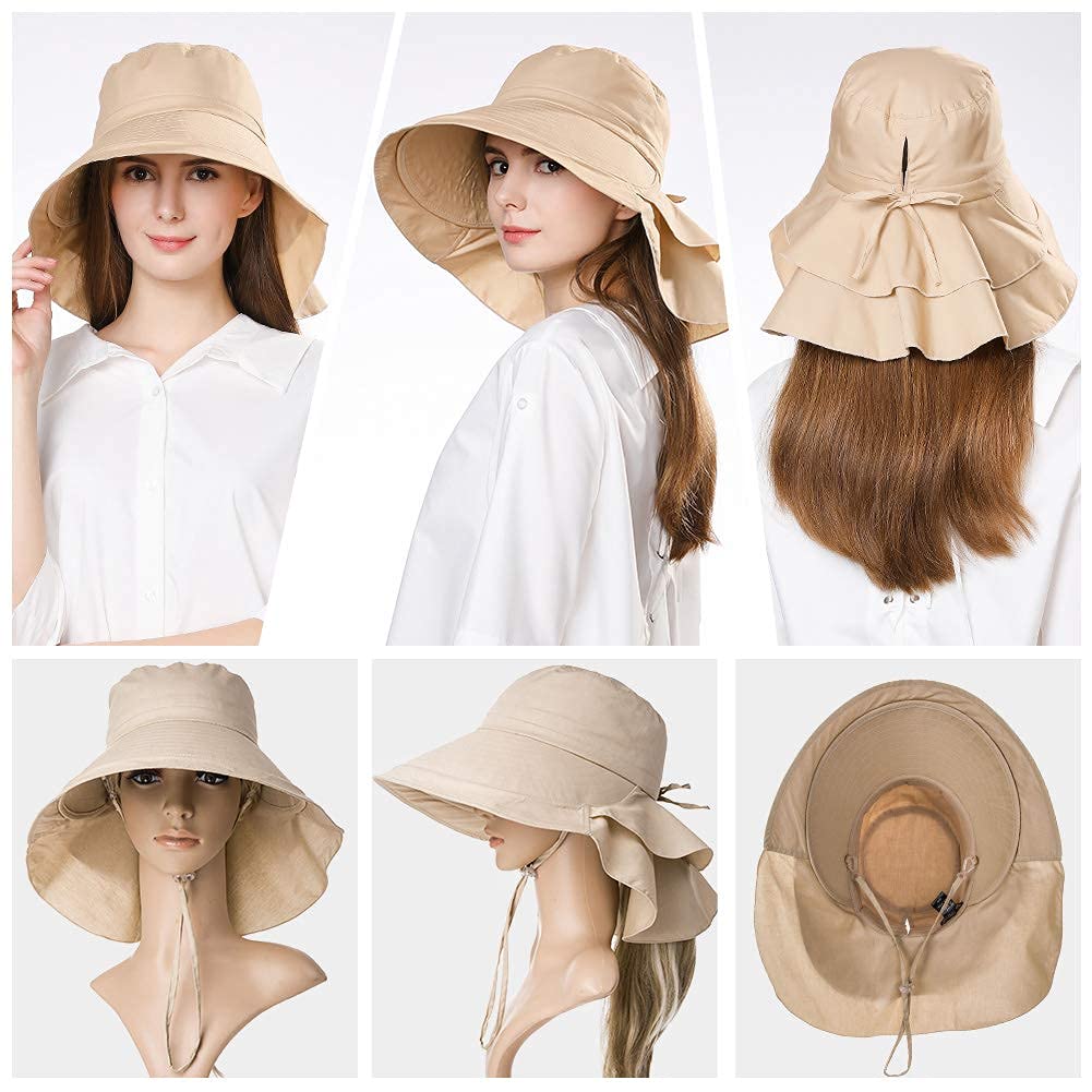 PALAY Women Wide Brim Sun Hat for Summer with 4.7 in Brim & Ponytail Hole | Khaki UV Protection