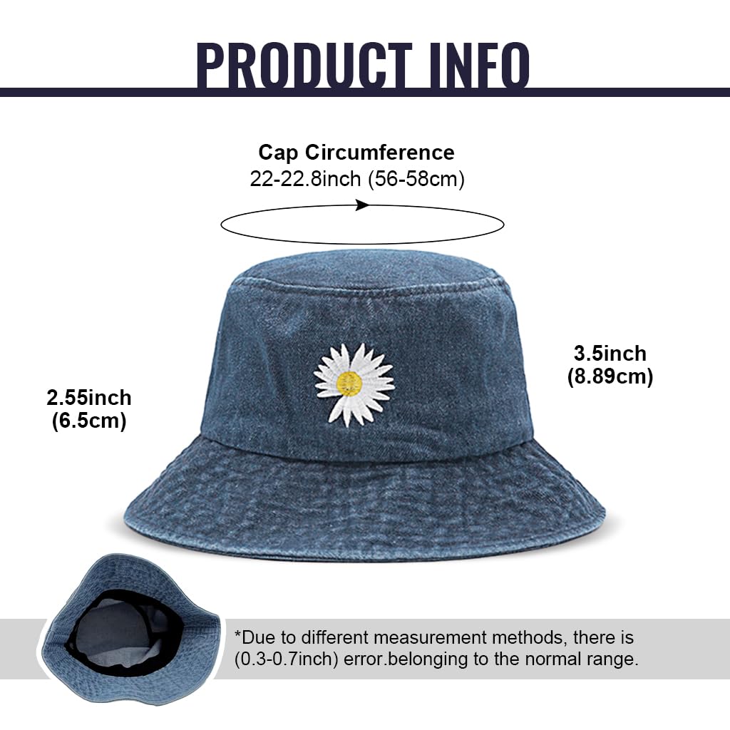 PALAY® Women Bucket Hat Embroidery Daisy Flower Denim Bucket Hat Sun Hat Casual Outdoor Sun Cap Wide Brim Hat