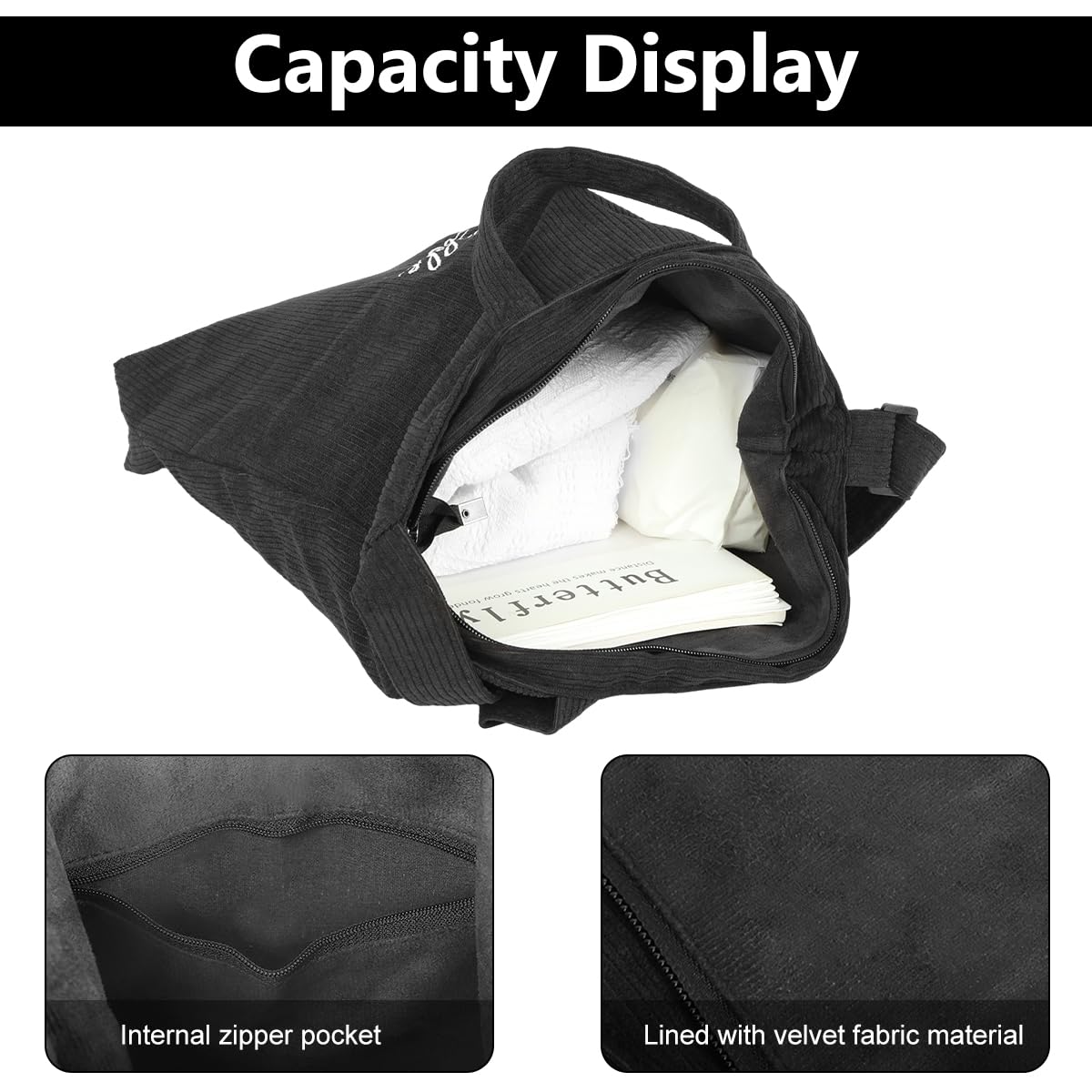 PALAY Tote Bag for Woman with Detachable Crossbody Strap 39x4x37 cm Corduroy | Black