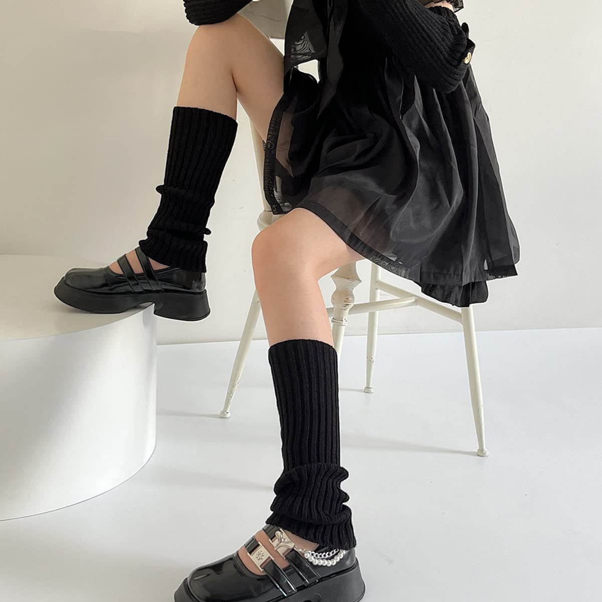 PALAY® Leg Warmers for Women Juniors Fashion Ribbed Knitted Calf Length Stocking Boot Socks Cuffs Fall Winter Leg Warmer for Party Sports Yoga - Black