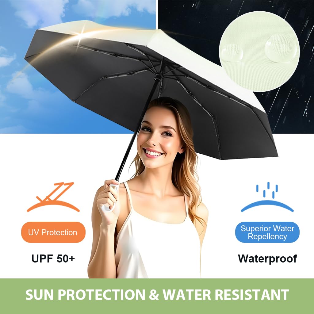 PALAY Sun Umbrella for Travel and Rain with Auto Open Rubber Handle & 8 Fiberglass Ribs | Green