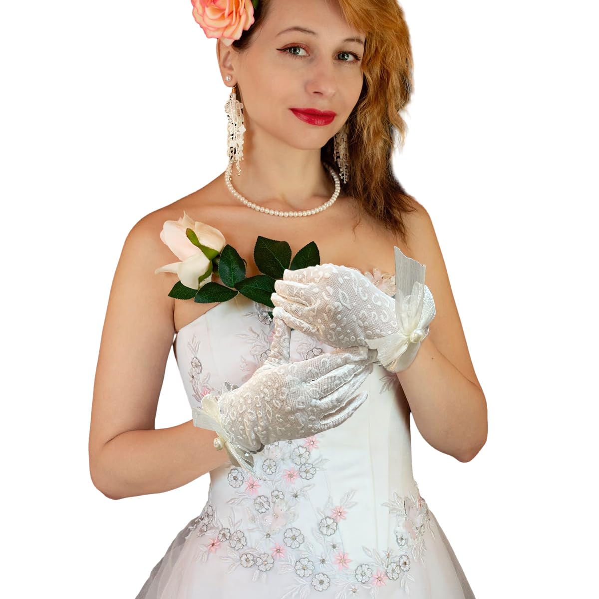 PALAY Wedding Gloves for Bride with 10.5 in Length and Elastic Cuffs | White Lace Floral Design