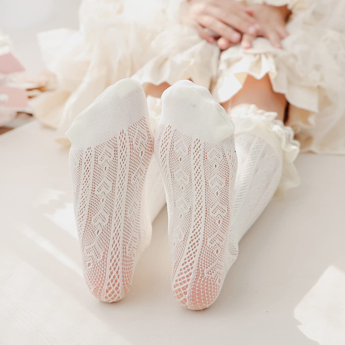 PALAY Lolita Lace Socks for Girls featuring Hollow Out Fishnet Design 22.44 in Length White