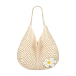 PALAY® Tote Bag for Woman Beige Crochet Mesh Shoulder Bag with Flower Brooch Hollow-out Knitted Women Handbags Beach Bohemian Hand Bags for Women Stylish