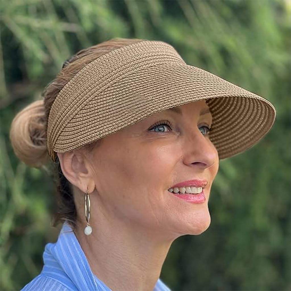 PALAY Womens Sun Visor Hat for Beach and Travel with Adjustable Strap UPF 50 Khaki 2 PCS