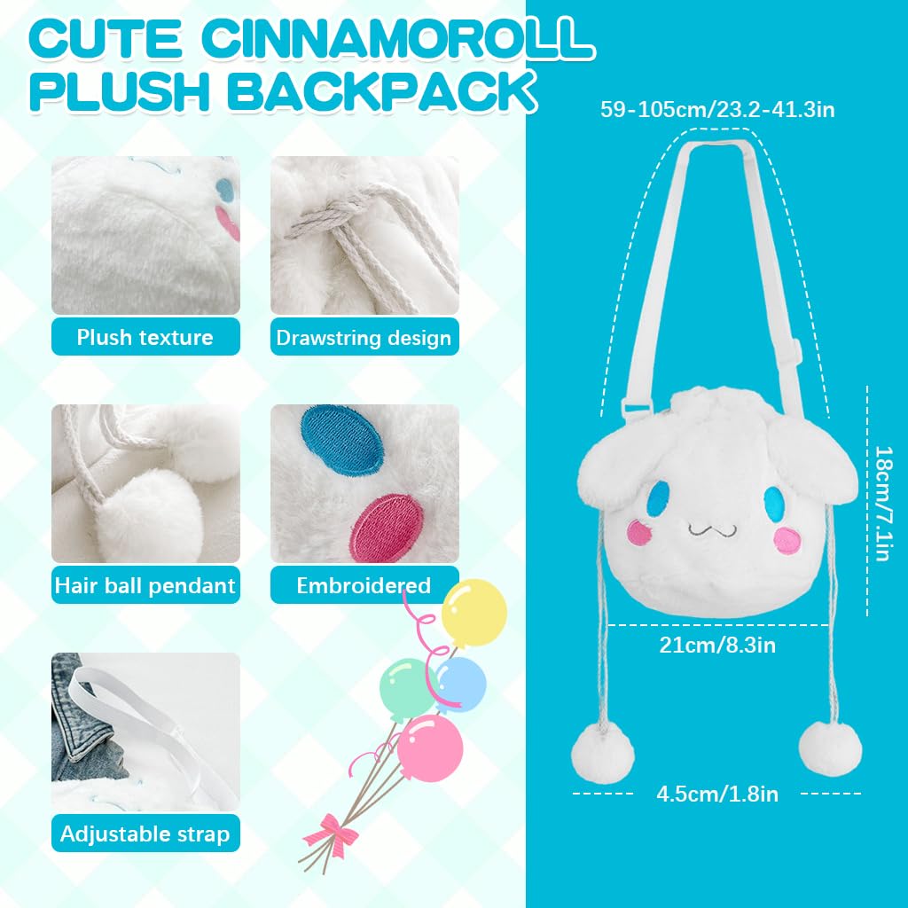 PALAY® Kawaii Bag for Girls Cute Cinnamoroll Plush Tote Bag Shoulder Bag Soft Plush Cinnamoroll Purse Bag Phone Bag Drawstring Bag Small Casual Bag for Girls Gift for Girls