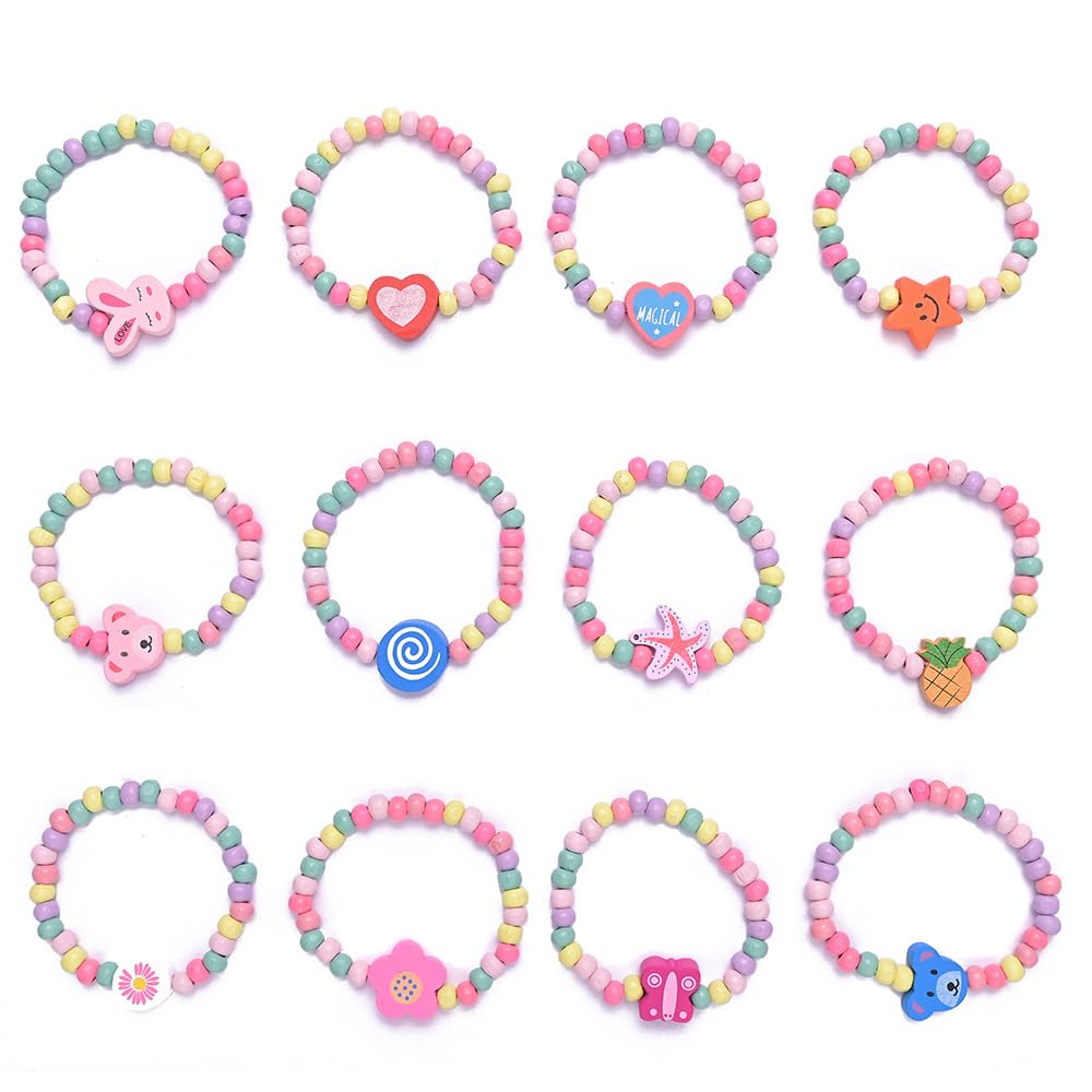 PALAY Bracelets Set for Girls featuring 12Pcs Elastic Wooden Beads | Cute Cartoon Design