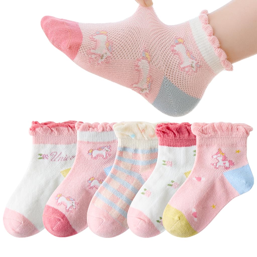 PALAY® 5 Pairs Kids Socks Girls Regular Socks Breathable Cotton Mesh Socks Home Socks Cartoon Unicorn Cotton Socks For Girls 6-8 Years Old, Multi