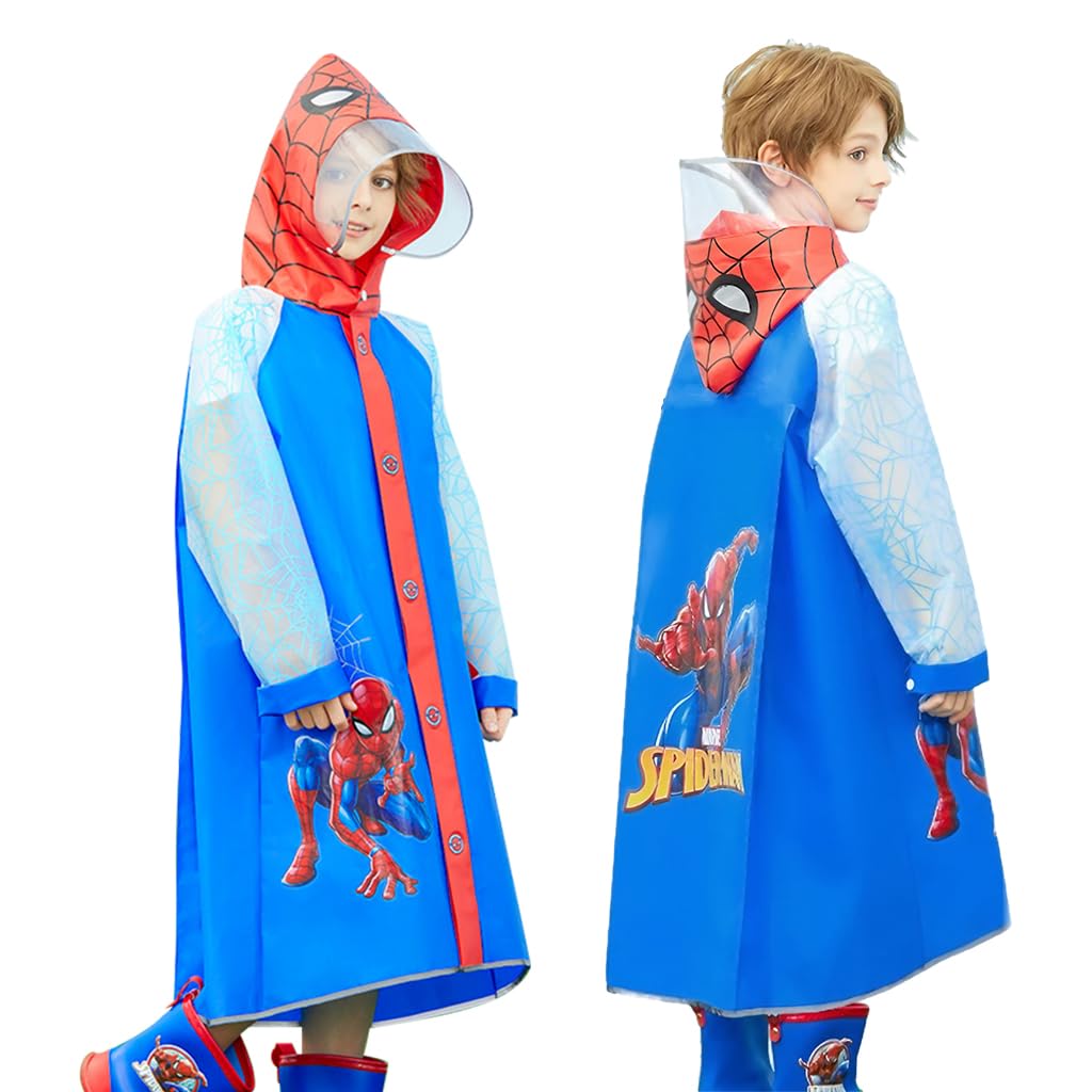 PALAY Rain Coat for Kids with Wide Hood and Backpack Cover | EVA Spider Print 9-11 Years