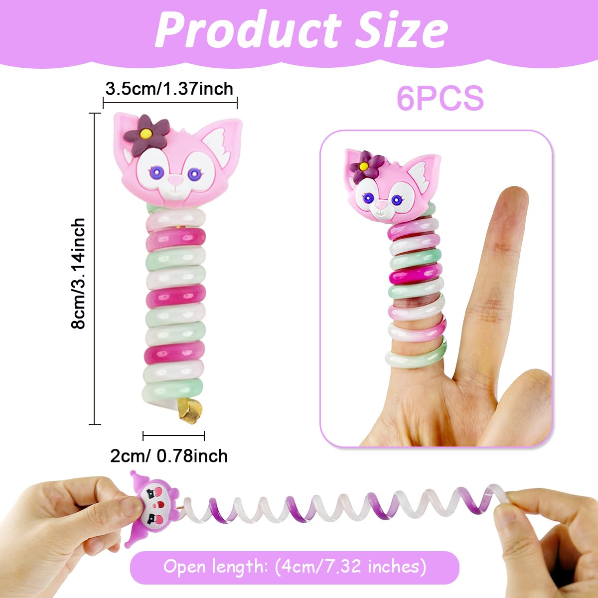 PALAY® 6Pcs Telephone Wire Hair Band for Kids Cartoon Spiral Hair Ties Cute Kids Hair Accessories for Girls Kawaii Spring Rubber Bands for Hair Braids Ponytail Maker