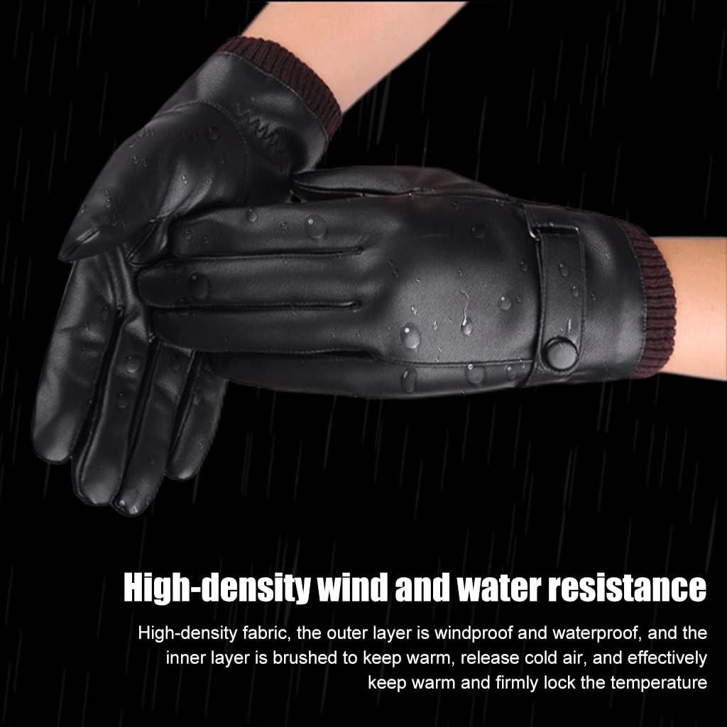 PALAY® Black Winter PU Leather Fleece Warm Lining Gloves for Riding,Touch Screen Fashion Winter Leather Gloves for Men Driving,Style 1