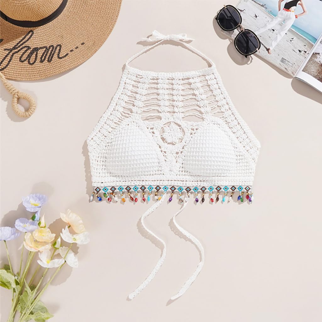 PALAY Women’s Crochet Halter Top for Summer Beachwear featuring Tie Back and Fixed Bra Pads