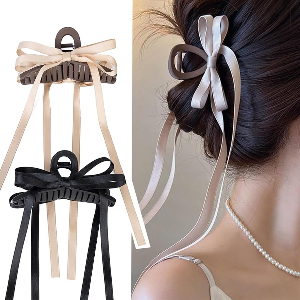 PALAY® 2pcs Bow Hair Clips with Long Tail, 5in Tassel Ribbon Hair Claw Clips,Women Hair Clip for Girl, Large Hair Clips Long Hair Accessories Barrettes Claw Hair Clips