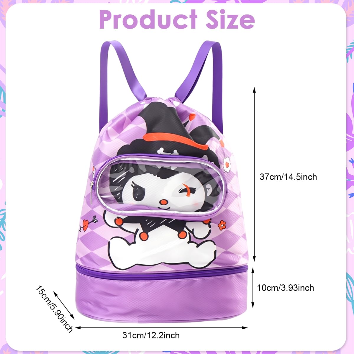 PALAY Swimming Drawstring Bag for Girls with Shoe Compartment and Clear Goggle Pouch 26x13x40cm | Waterproof Quick Dry Polyester