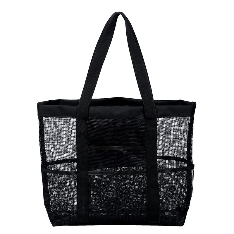 PALAY® Large Capacity Beach Bag Multi Pocket Polyester Mesh Bag Tote for Travel, Fitness Bag, Swimming Storage Bag for Clothes Fashion Transparent Mesh Bag for Women, Black