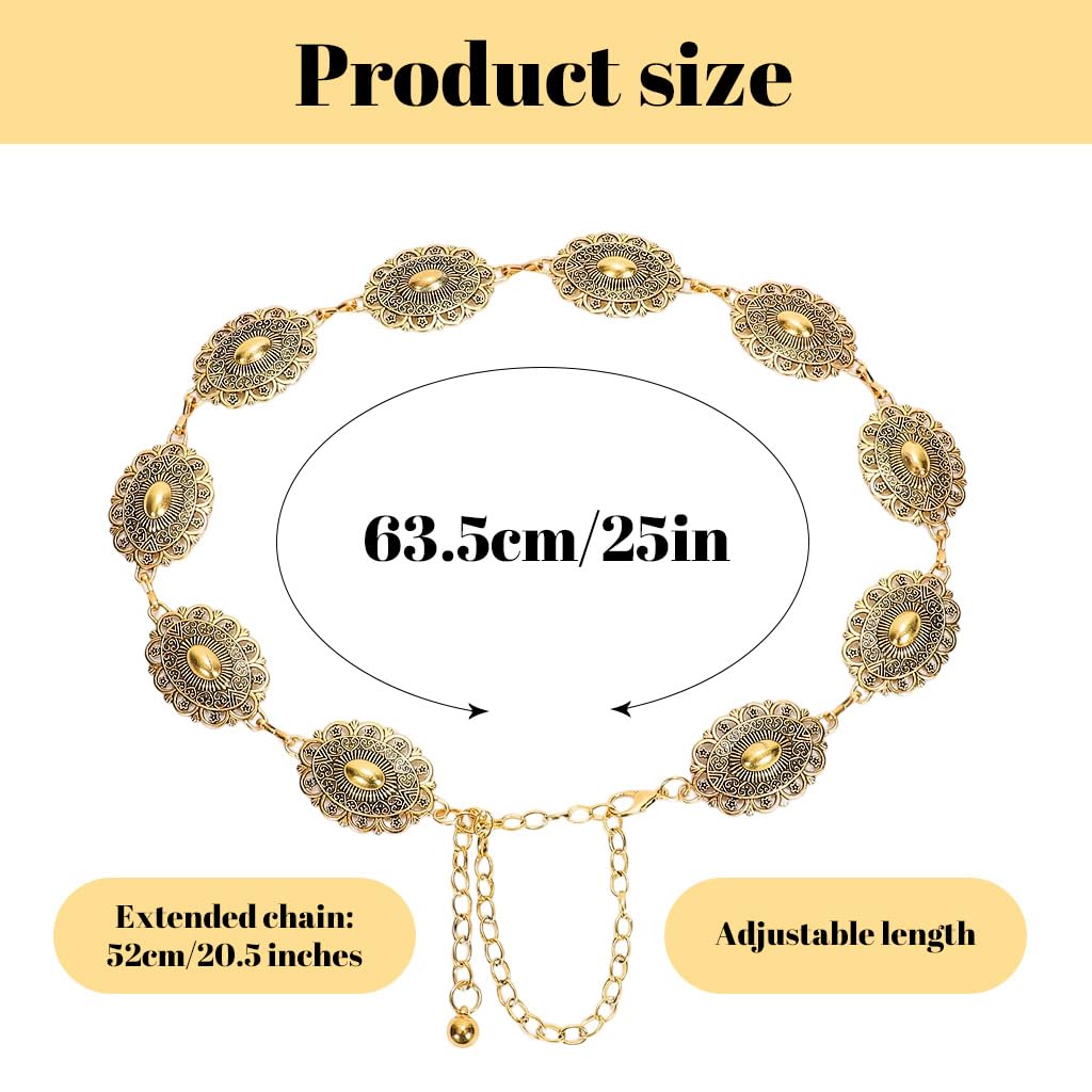 PALAY Belt for Women Dresses featuring Golden Metal Concho Disks Adjustable Waist Chain | Boho Vintage Style 2 PCS