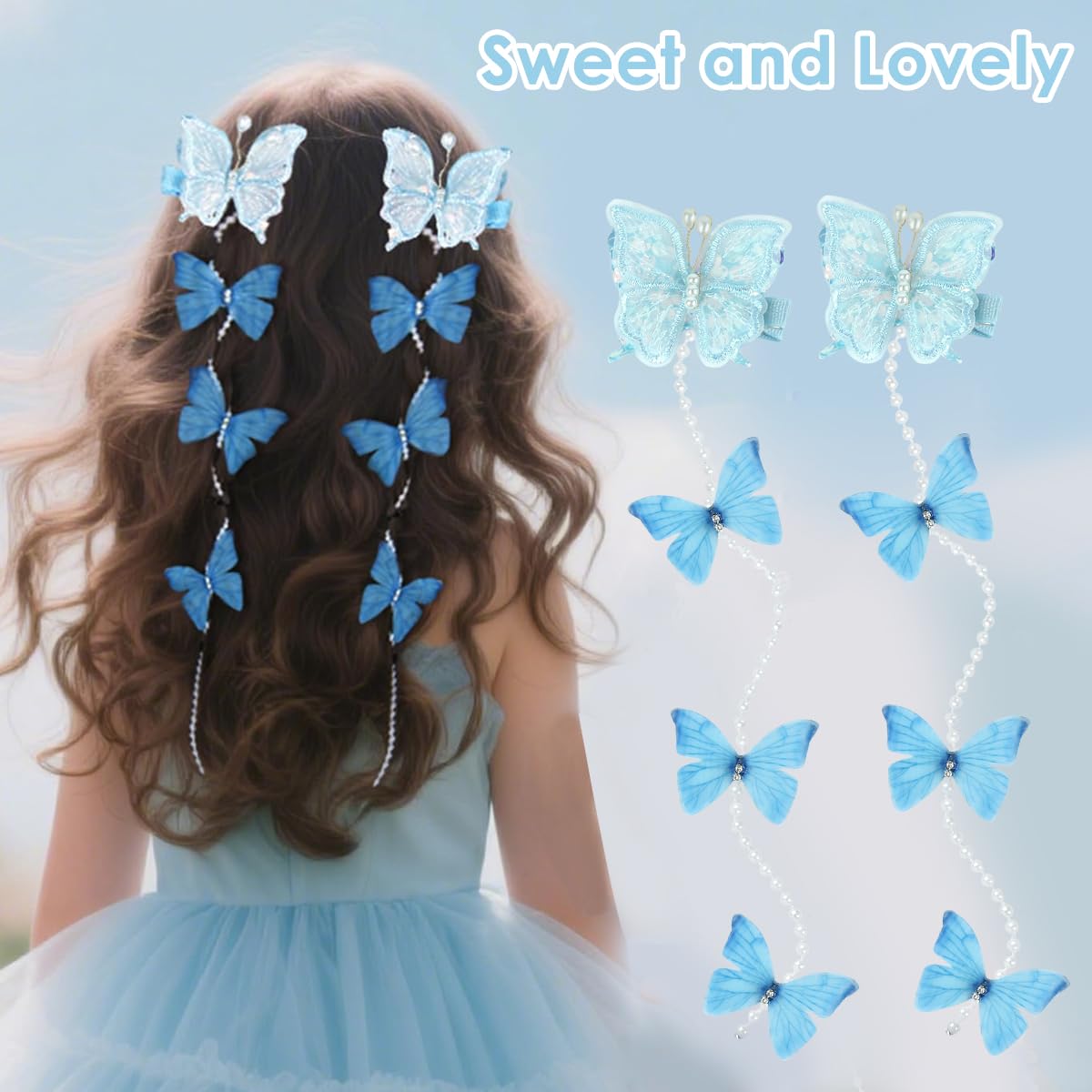 PALAY Pearl Butterfly Kids Hair Clips for Girls with Beaded Charms and Easy Clip-On Design | 6Pcs in Pink Blue and Purple