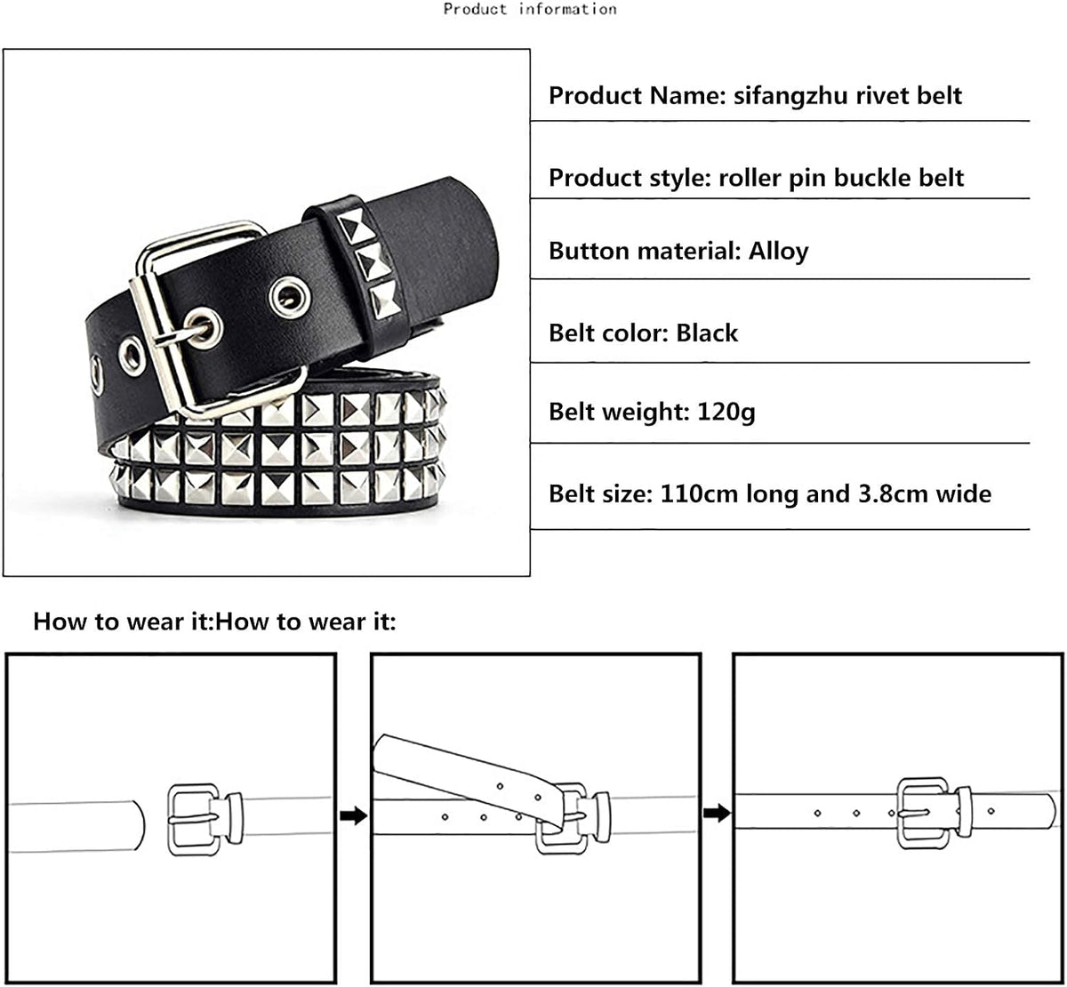 PALAY® Punk Rock Studded Belt for Women, Wide PU Leather Belt for Men,Stud Belt Goth Belts with Jeans Jacket Chains (Black,length 110cm)