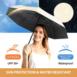 PALAY Sun Umbrella for Travel and Rain with 8 Fiberglass Ribs and Rubber Handle | Beige UV Protection
