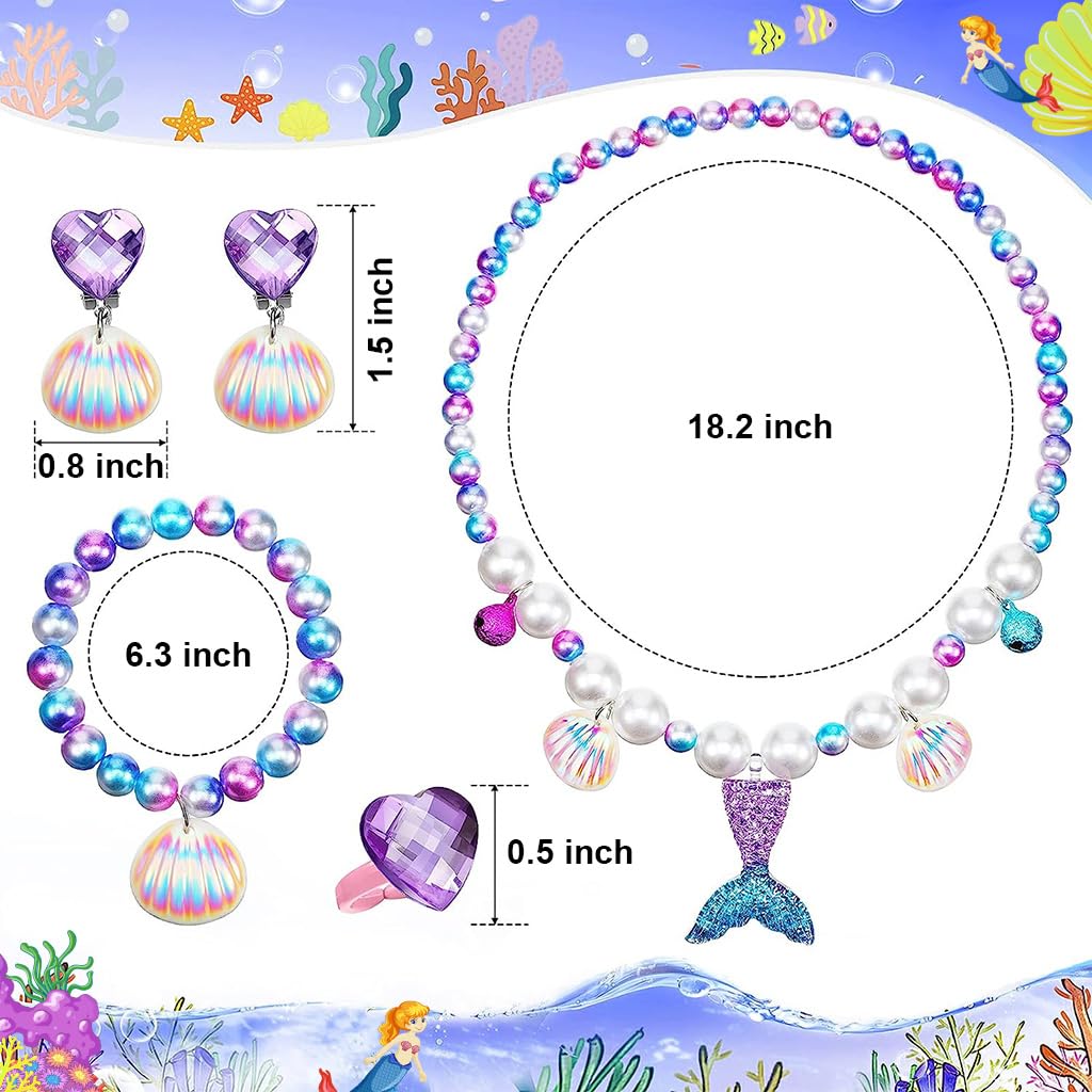 PALAY® Jewellery for Girls Mermaid Princess Crown Necklace Bracelet Earrings and Ring Set, Kids Party Dress up Jewelry Toy Gifts for Girls 4-12 Years Old