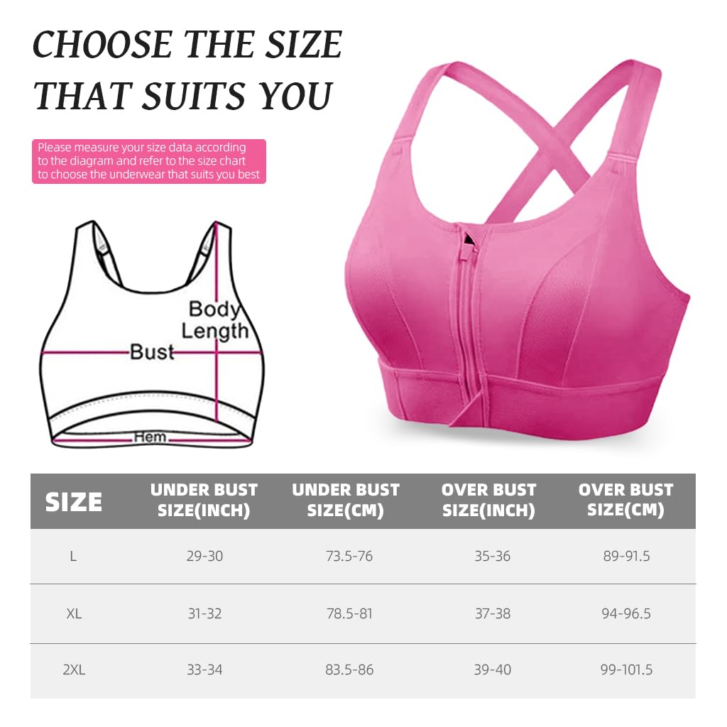 PALAY® Sports Bra Women Zip-up Sports Bra for High-impact Activities One Piece Breast Pads Adjustable Sports Bra Fashion RacerbackSports Bra for Running, Cycling, Aerobics, Boxing, XL, Pink