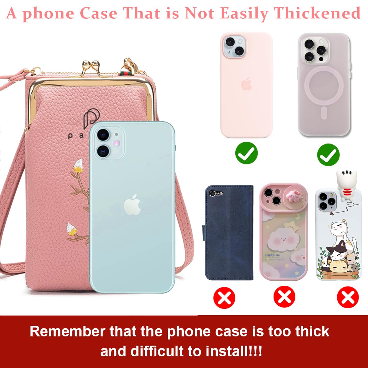 PALAY Women Crossbody Phone Bag for Daily Outings with Removable Strap and PU Leather Pink Purse