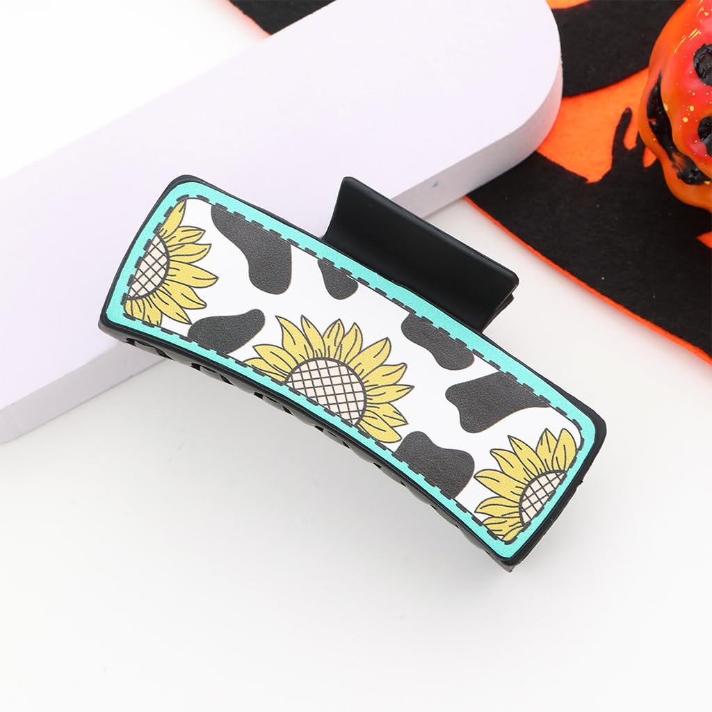 PALAY Hair Claw Clip for Women with Leather Sunflower Print and Secure Grip | Black 4 in