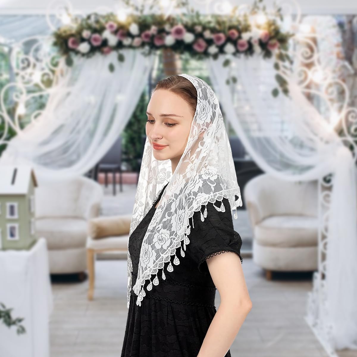 PALAY Mass Veil for Women featuring Triangle Lace Shawl with Embroidered Roses and Tassel Hem | White Church Head Covering