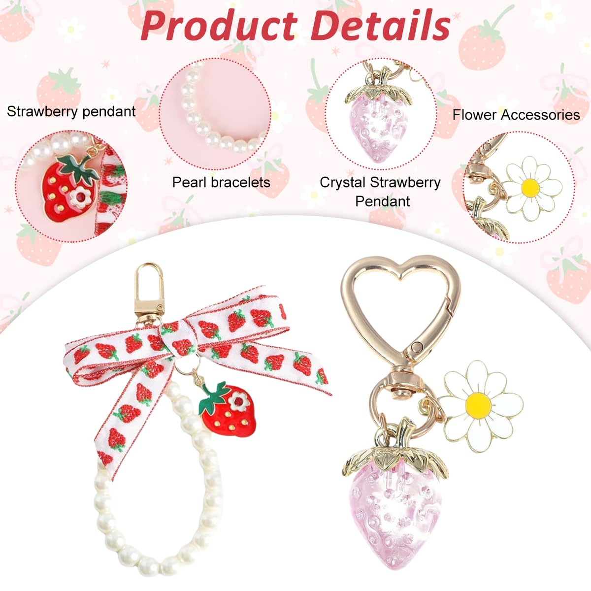 PALAY Strawberry Keychain for Girls featuring Heart Shape Carabiner and Acrylic Beads | 2Pcs Bag Charm Gift