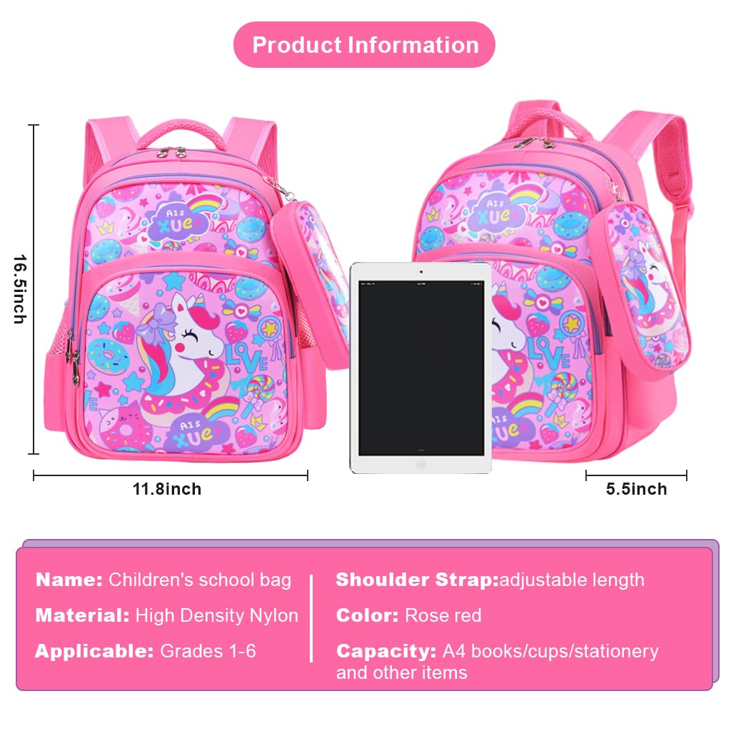 PALAY® School Backpack Pencil Pouch Pink Unicorn Print School Backpack for Schoolgirls, Waterproof Backpack for School, Travel, Camping Burden-relief Backpack School Gift for Kids 6-8Years Old