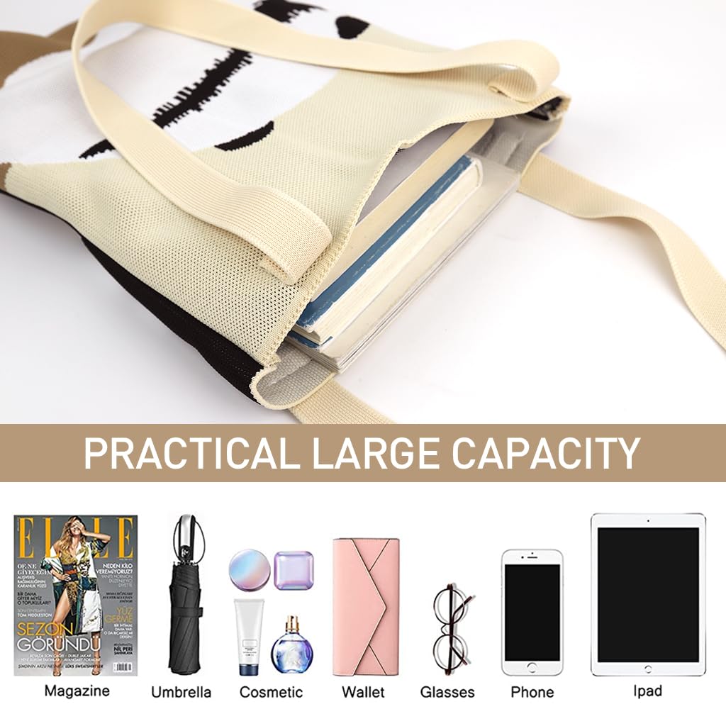 PALAY Hand Bags for Women 30.5 x 37 cm with Double Side Knitting Panda and Flower Design | Acrylic Crochet Tote for Office and College Use